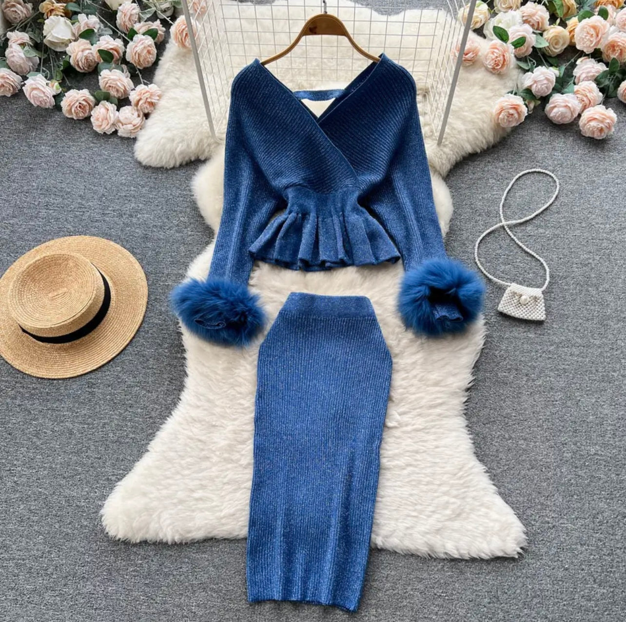 Classy Fur Arm Skirt Set