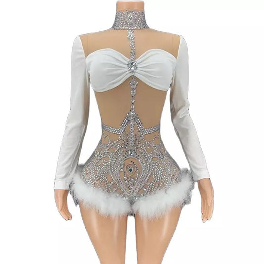 Rhinestone feather bodysuit