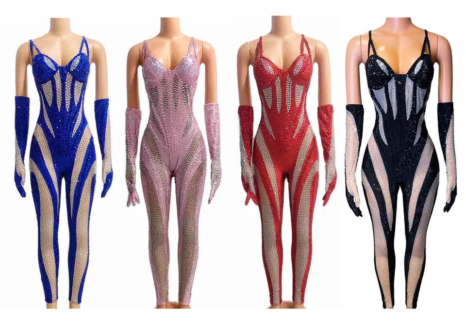Rhinestone With Gloves Sexy Jumpsuit