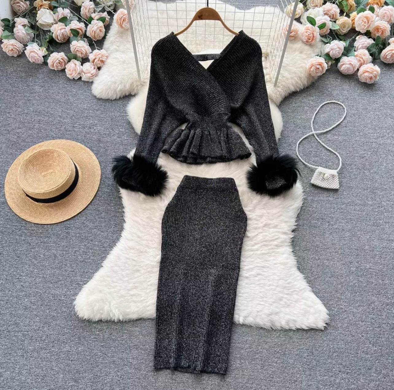 Classy Fur Arm Skirt Set