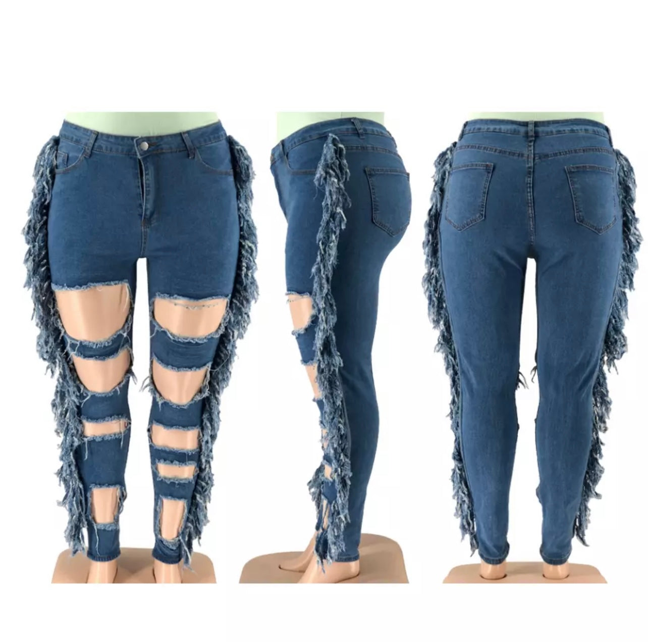 Plus Size Ripped Tassel Pants