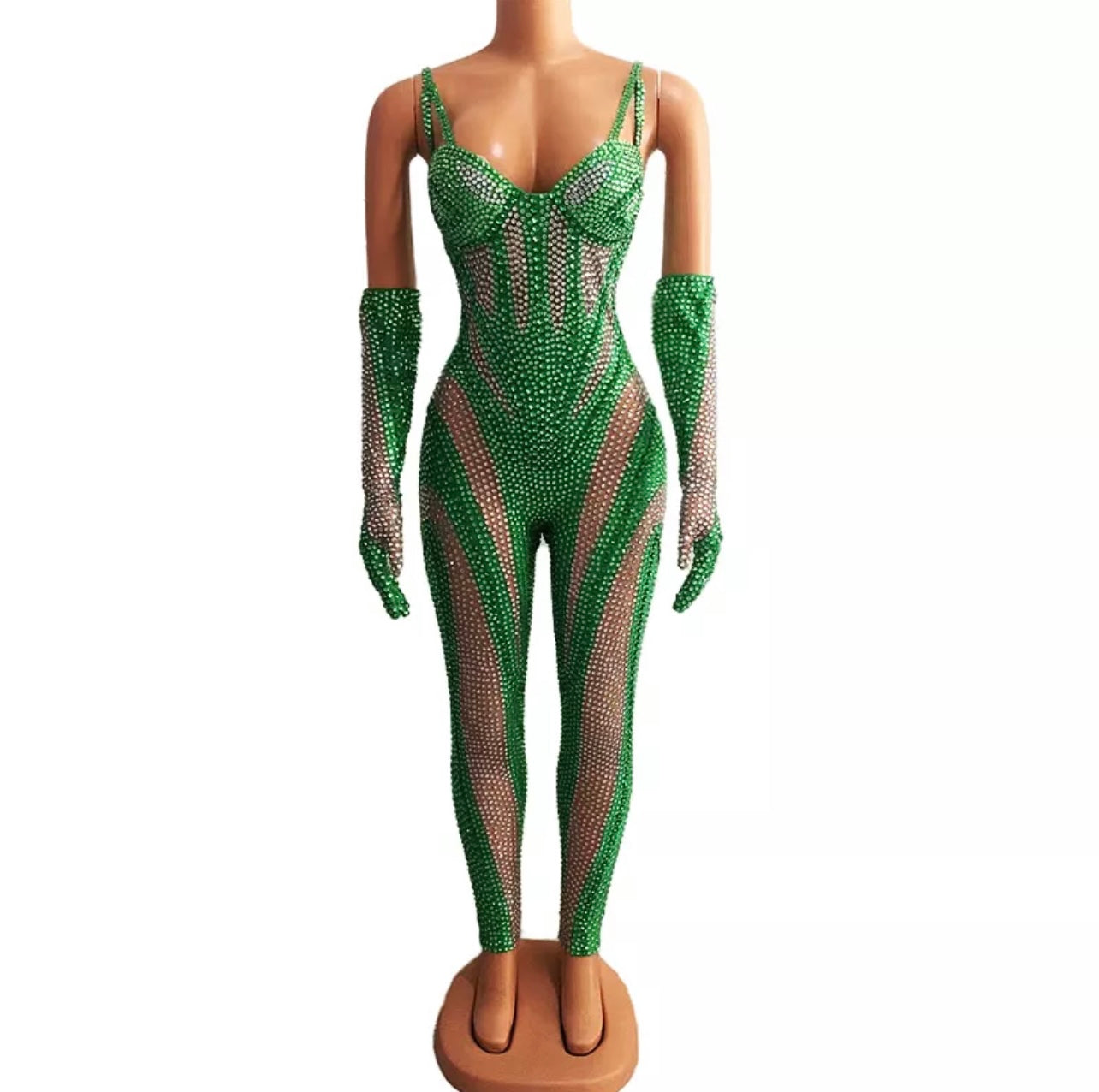 Rhinestone With Gloves Sexy Jumpsuit