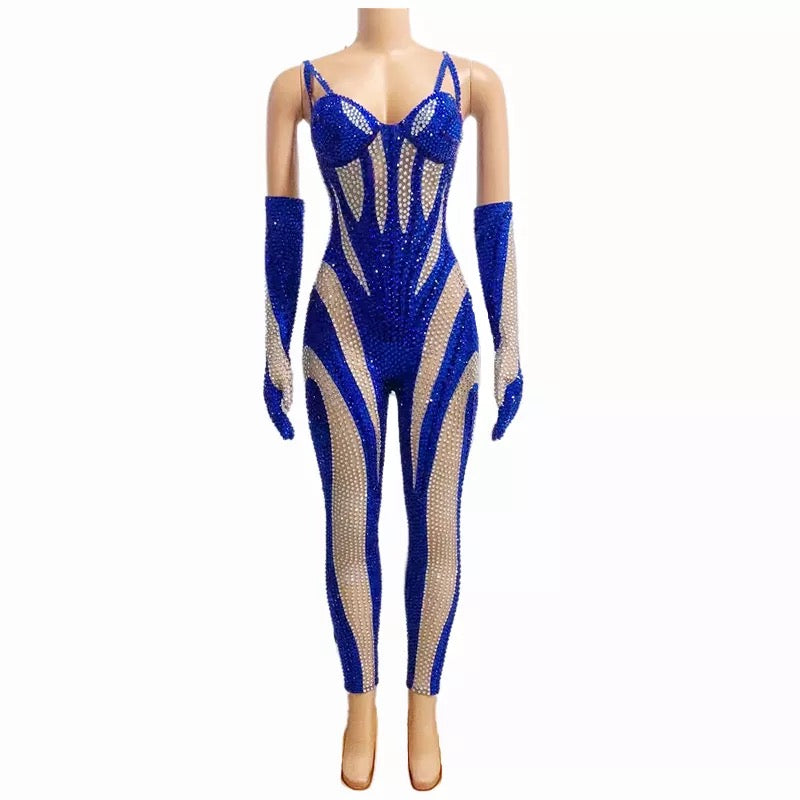 Rhinestone With Gloves Sexy Jumpsuit