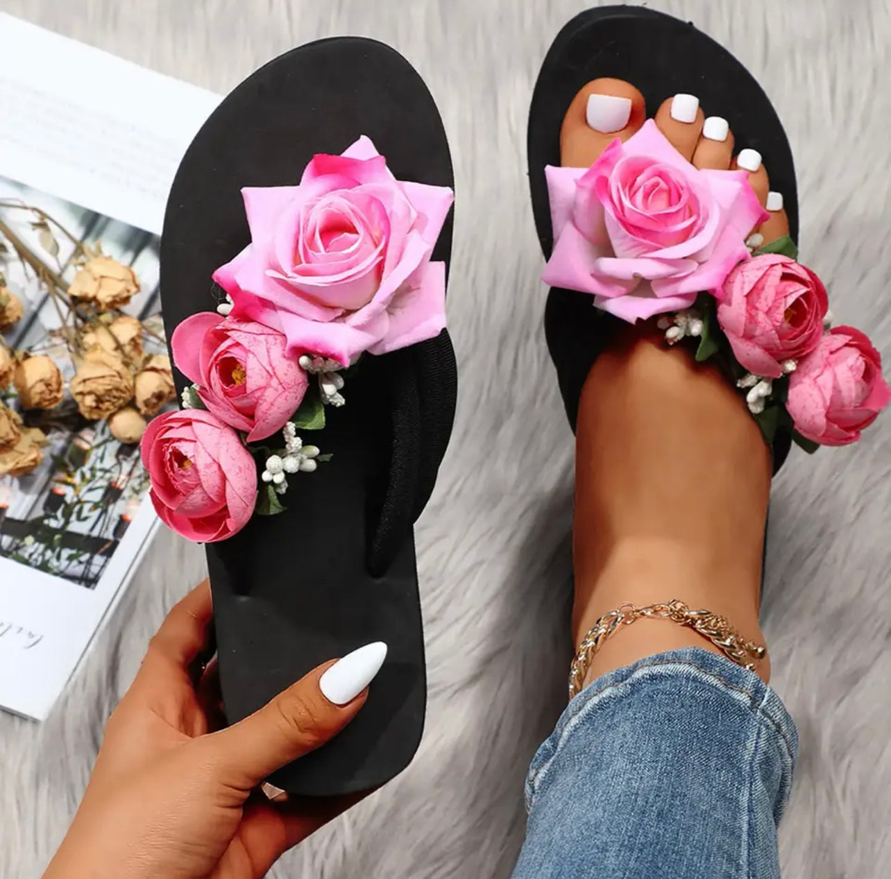 3D Rose flip flops