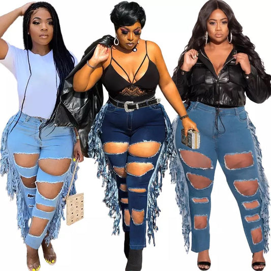 Plus Size Ripped Tassel Pants