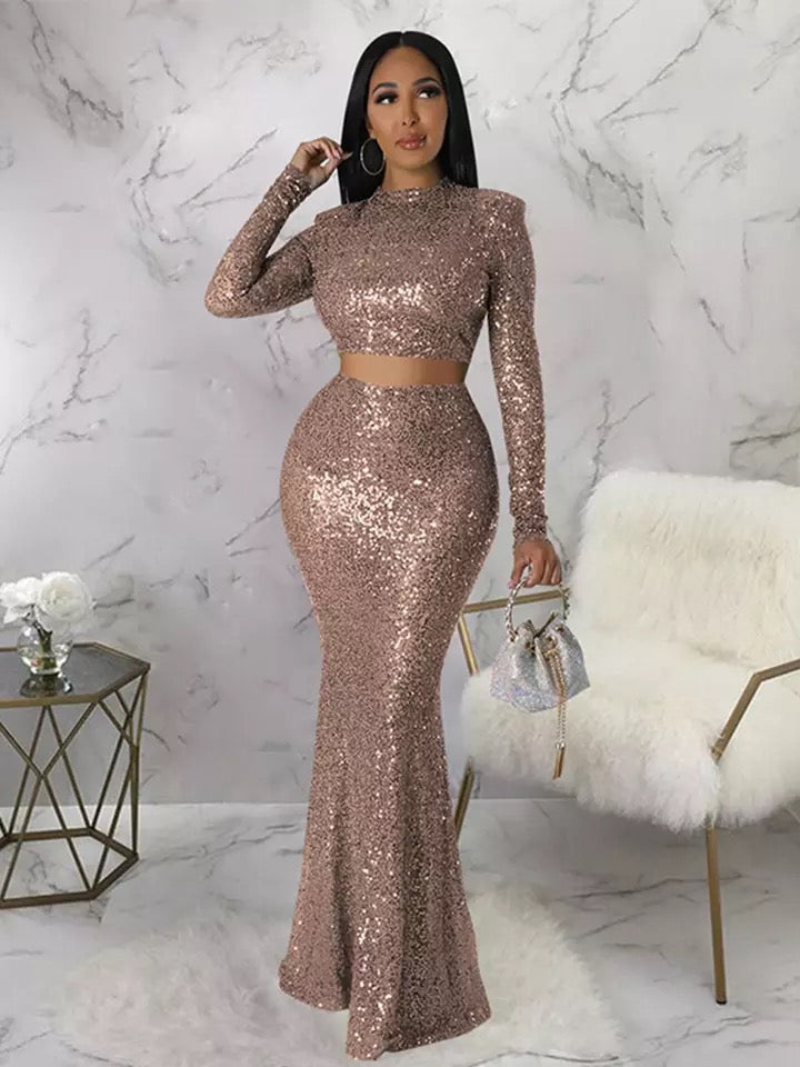 Sexy Long Sequin Skirt Set
