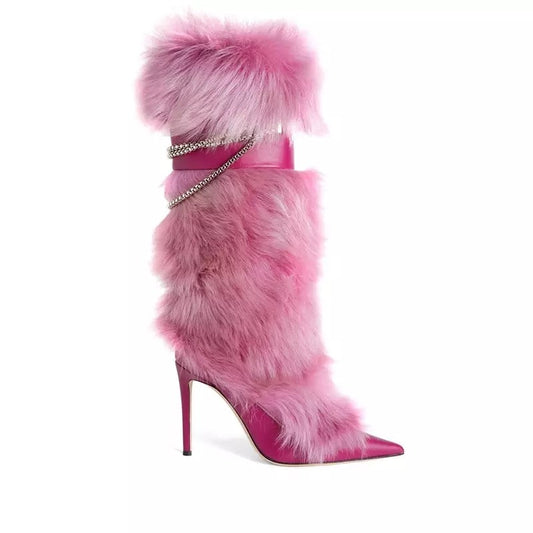 Pink Fur Chain Boots