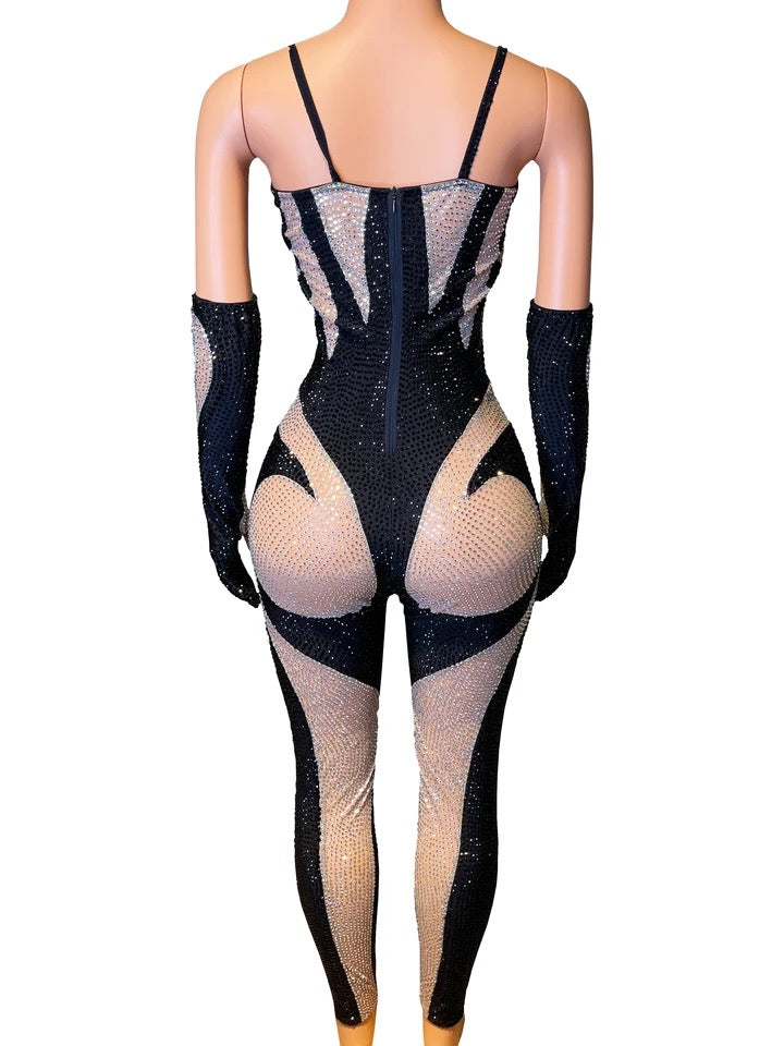 Rhinestone With Gloves Sexy Jumpsuit