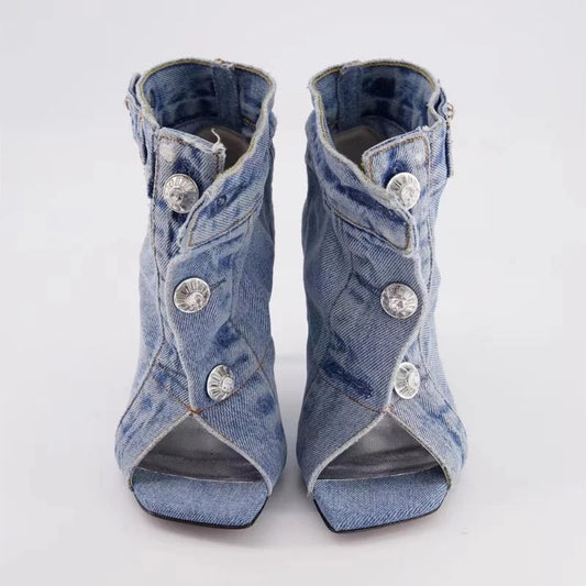 Denim Button Heels