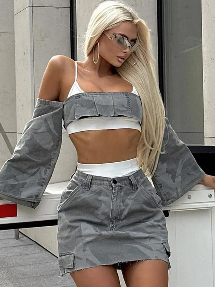 Off Sleeve Gray Skirt Set