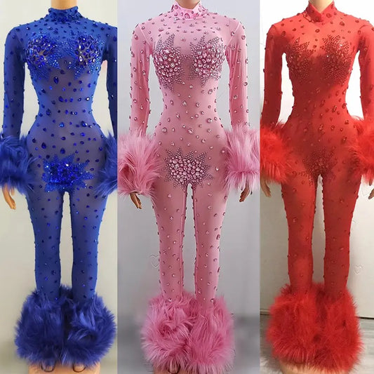 Feather Rhinestone Fitted Jumpsuit