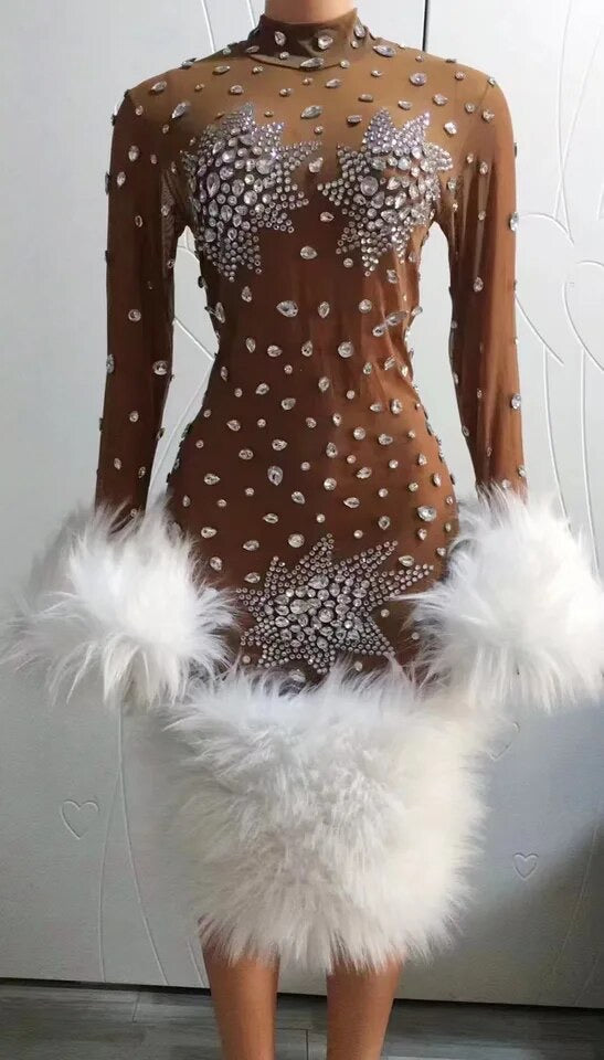 Celebrity Fashion Rhinestone  Fur Dress