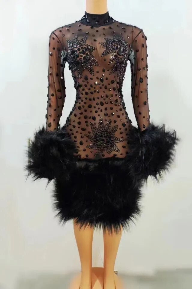 Celebrity Fashion Rhinestone  Fur Dress