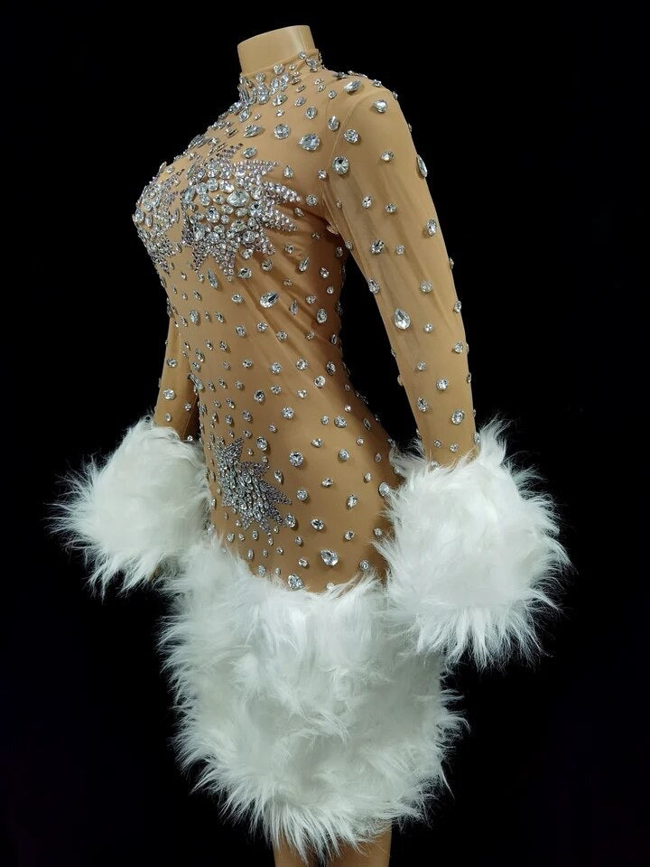 Celebrity Fashion Rhinestone  Fur Dress