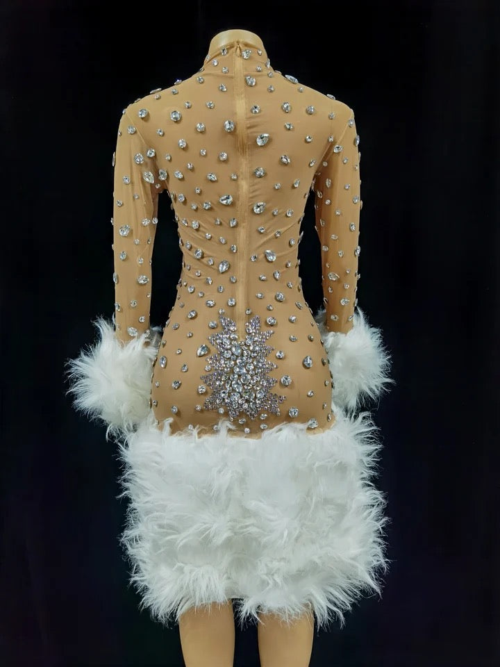Celebrity Fashion Rhinestone  Fur Dress
