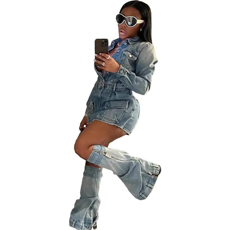3 Piece Denim Cargo Dress/ Leg Warmers