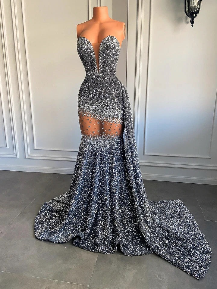 Rhinestone Sheer Elegant  Prom Dress