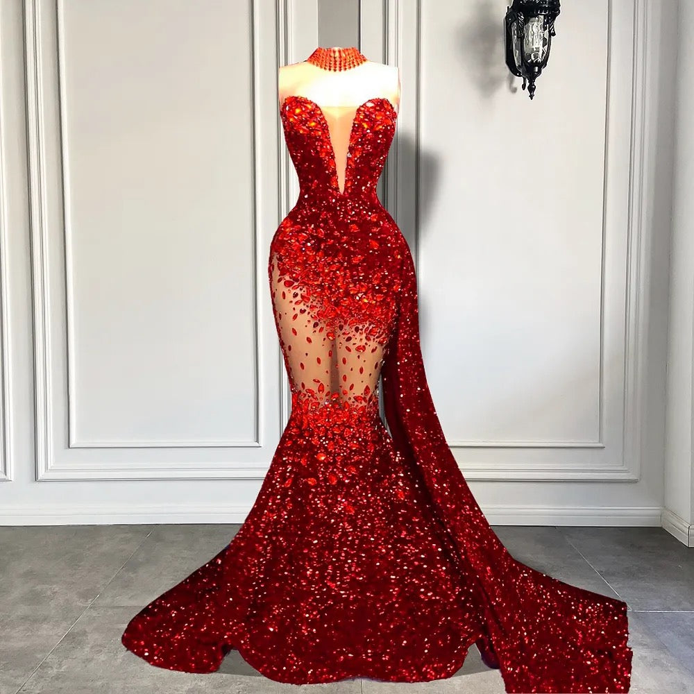 Rhinestone Sheer Elegant  Prom Dress