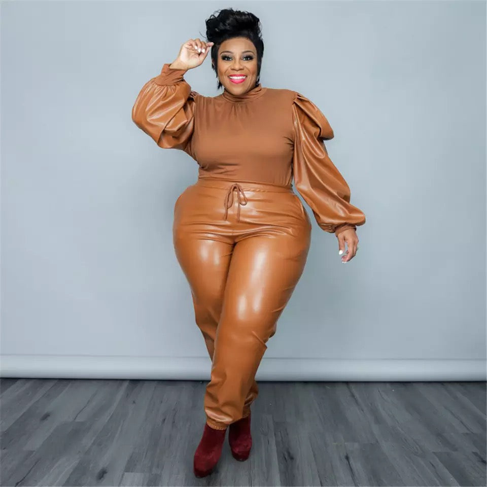 Plus Size Puff Sleeve Pants Set