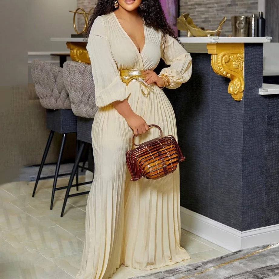 Long Sleeve Pleated Jumpsuits