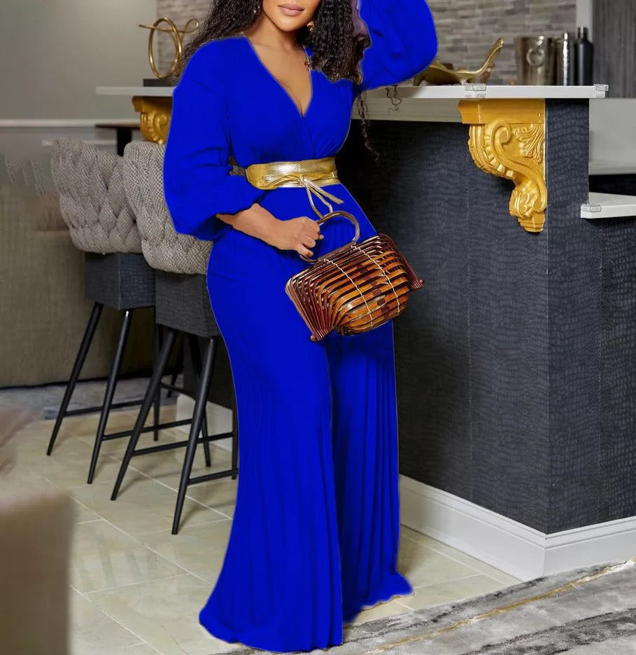 Long Sleeve Pleated Jumpsuits